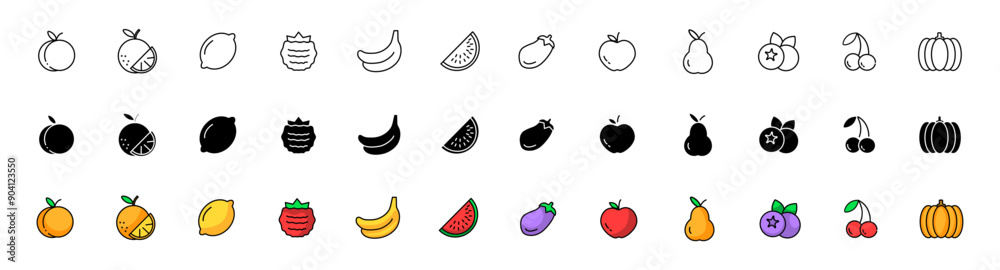 Fruits and vegetables set icons. Linear, silhouette and flat styles. Vector icons. Fruits and vegetables set icons. Linear, silhouette and flat styles. Vector icons.
