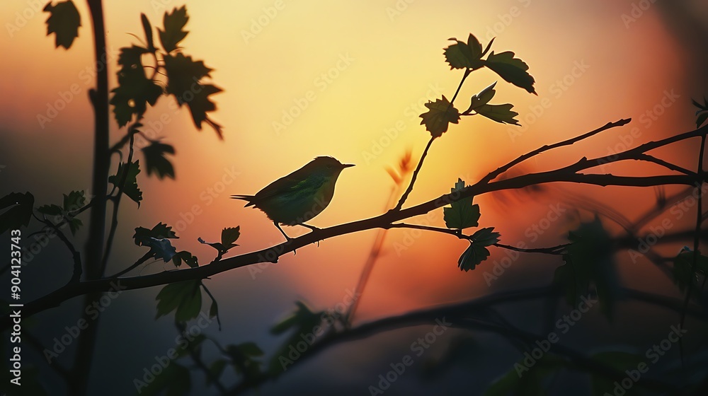 Obraz premium A green warbler can be heard chirping at sunset on a tree branch