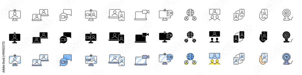 Video conference set icons. Linear, silhouette and flat styles. Vector icons.