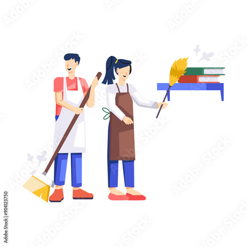 A flat character illustration of dusting shelf

