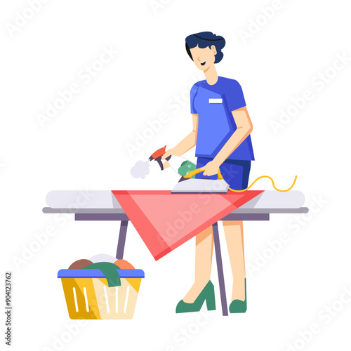 Flat style illustration of woman ironing on board 


