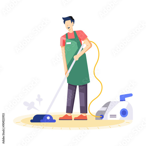 A flat character illustration of carpet cleaning with vacuum 


