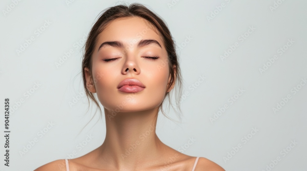 Young woman with a serene expression and closed eyes standing against a solid studio background Young woman with a serene expression and closed eyes standing against a solid studio background