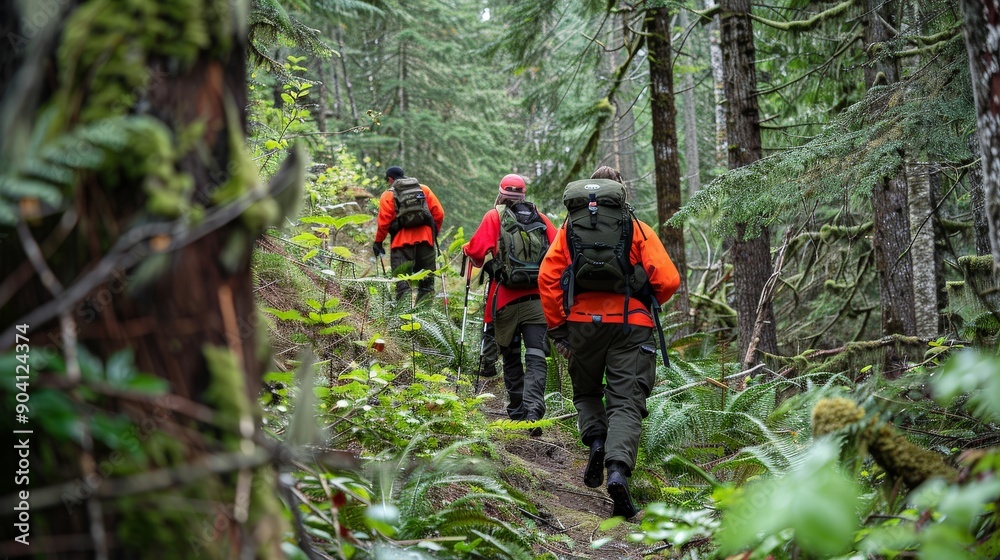A search and rescue team navigating a dense forest to find a lost hiker A search and rescue team navigating a dense forest to find a lost hiker