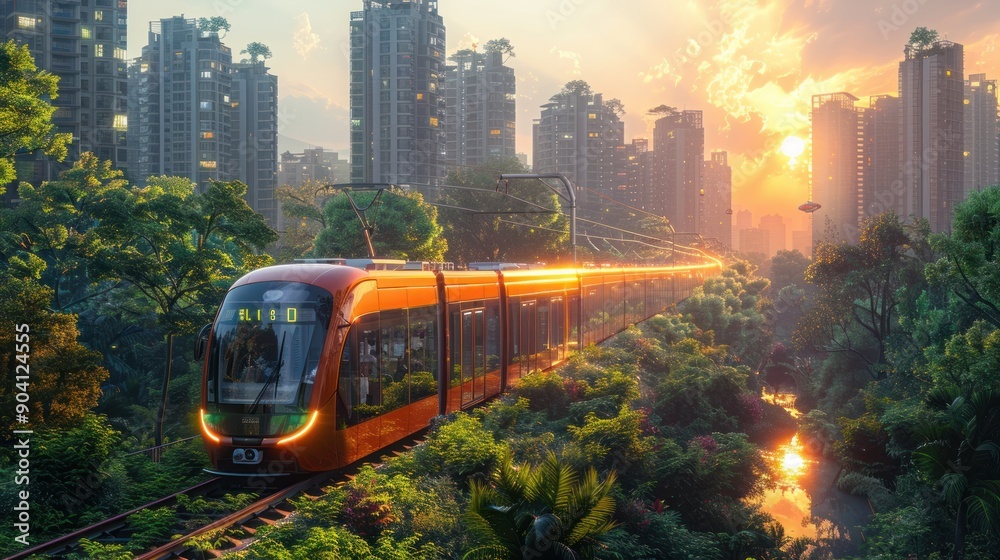Obraz premium Zero-emission city with electric public transportation and green infrastructure