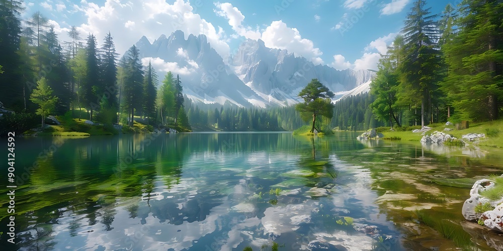 Naklejka premium Mountain Lake Scene with a Single Pine Tree in the Foreground, Realistic Image