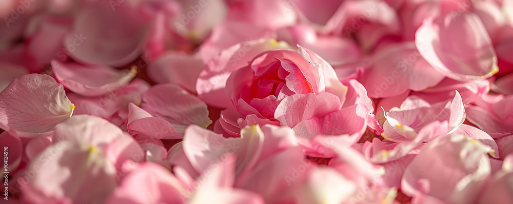 Close-up of pink cherry blossom petals, delicately scattered on a floral background, emphasizing their soft color and fragile form. Close-up of pink cherry blossom petals, delicately scattered on a floral background, emphasizing their soft color and fragile form.