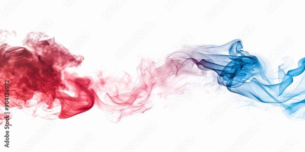Fototapeta premium Abstract Blue and Red Smoke Swirls Isolated on White Background with Soft Clouds. Dynamic Contrast for Advertising and Marketing Concepts. Creative Irregular Shapes with Ample Copyspace. AI-Generated