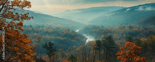 Misty Mountain River in Autumn Landscape - Illustration