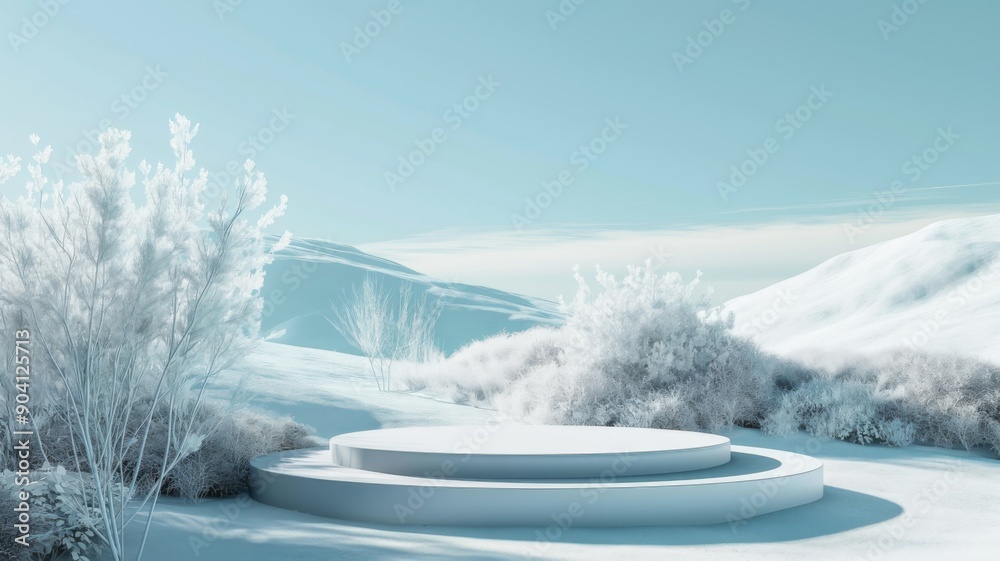 Surreal Beautiful Dream land background. Abstract Dune in winter season landscape with geometric arch.  Escapism minimal atmospheric illustration. Christmas mood 3d render. Glass, mirror, wate and ice
