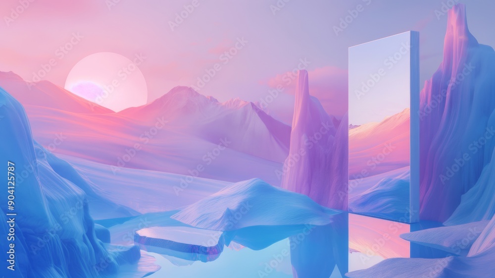 Surreal Beautiful Dream land background. Abstract Dune in winter season landscape with geometric arch. Escapism minimal atmospheric illustration. Christmas mood 3d render. Glass, mirror, wate and ice Surreal Beautiful Dream land background. Abstract Dune in winter season landscape with geometric arch. Escapism minimal atmospheric illustration. Christmas mood 3d render. Glass, mirror, wate and ice