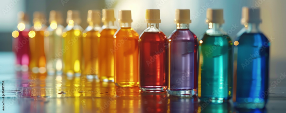 Colorful liquid-filled bottles on a smooth surface, designed to boost immunity from viruses and polluted air. Colorful liquid-filled bottles on a smooth surface, designed to boost immunity from viruses and polluted air.
