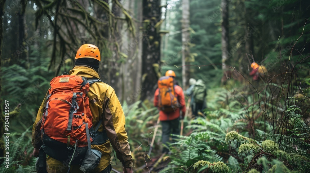 A search and rescue team navigating a dense forest to find a lost hiker A search and rescue team navigating a dense forest to find a lost hiker