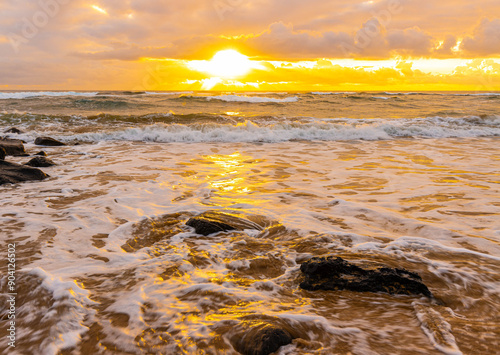 Cloudy Morning Light on The Sandy Shore of Lydgate Beach, Lydgate Beach Park, Kauai, Hawaii, USA photo