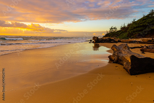 Cloudy Morning Light on The Sandy Shore of Lydgate Beach, Lydgate Beach Park, Kauai, Hawaii, USA photo