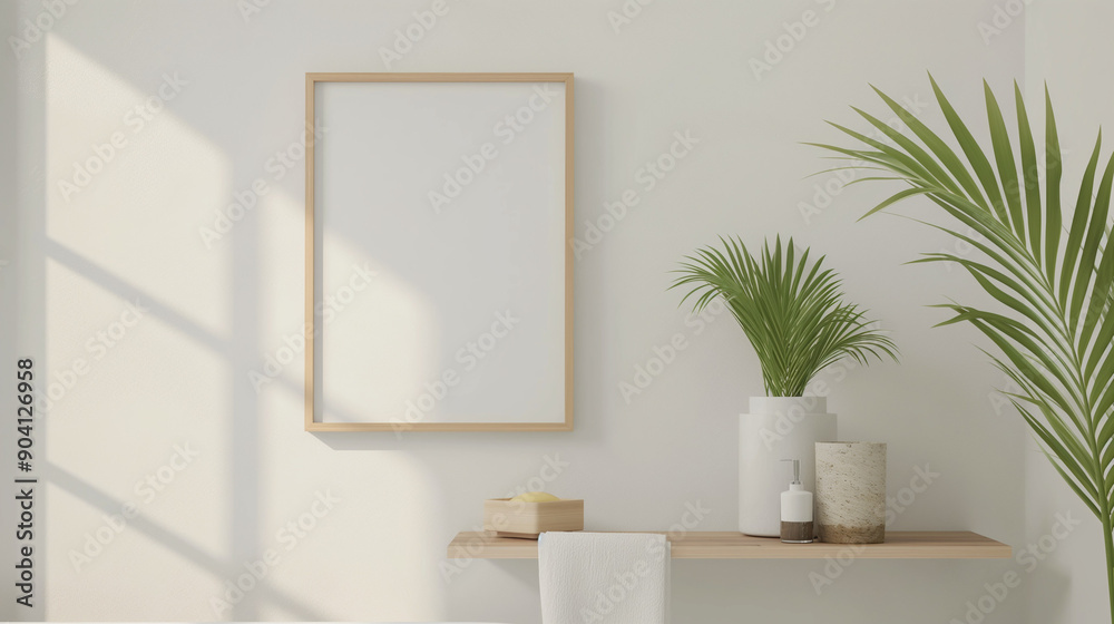 mockup photo frame and wooden shelf with plant mockup photo frame and wooden shelf with plant