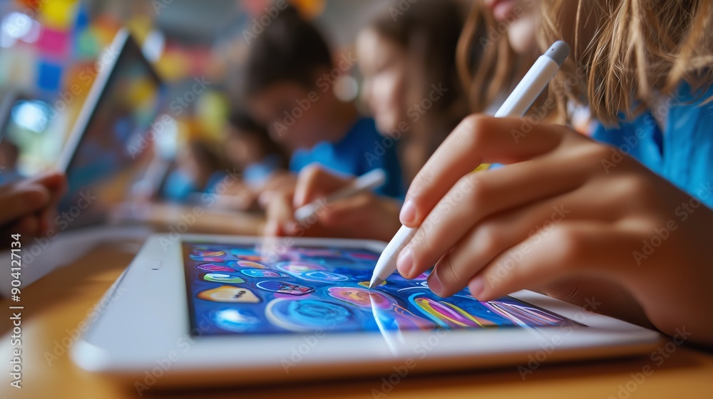Fototapeta premium Classroom Learning Scene Featuring Child Using Tablet And Stylus For Interactive Education And Skill Development