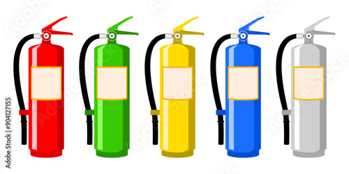 Set of fire extinguisher, red, green, blue, silver, grey, transparent object
