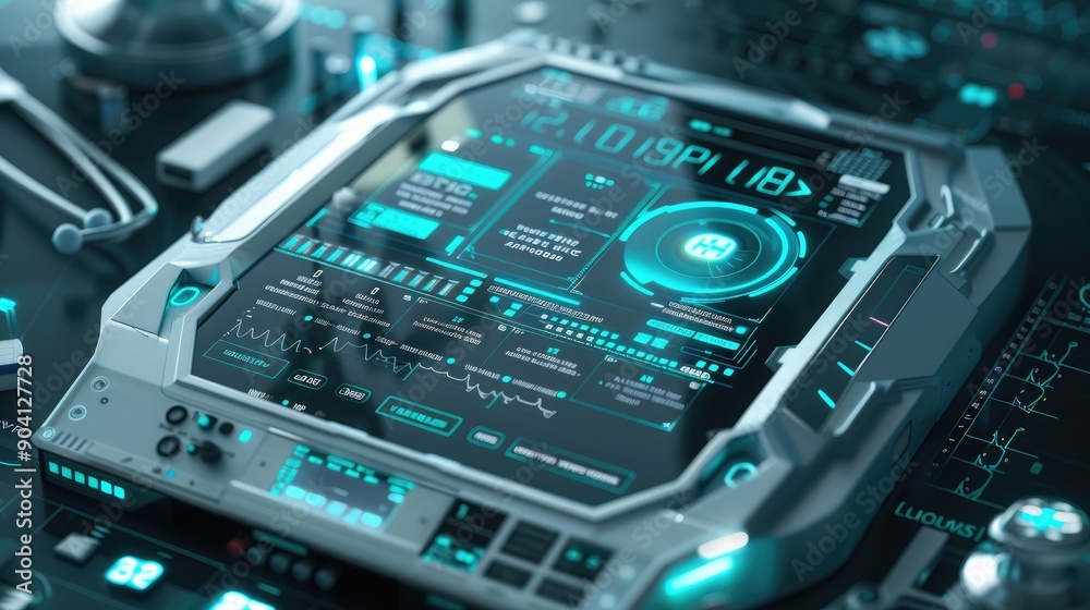 A modern diagnostic device using AI to generate detailed medical reports, with a digital interface displaying comprehensive data. A modern diagnostic device using AI to generate detailed medical reports, with a digital interface displaying comprehensive data.