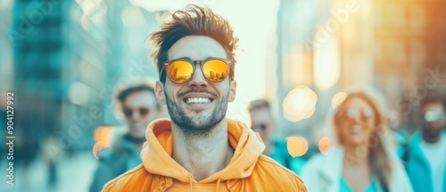 A vibrant city scene featuring a smiling man in sunglasses, exuding joy and friendship with friends in the background. photo