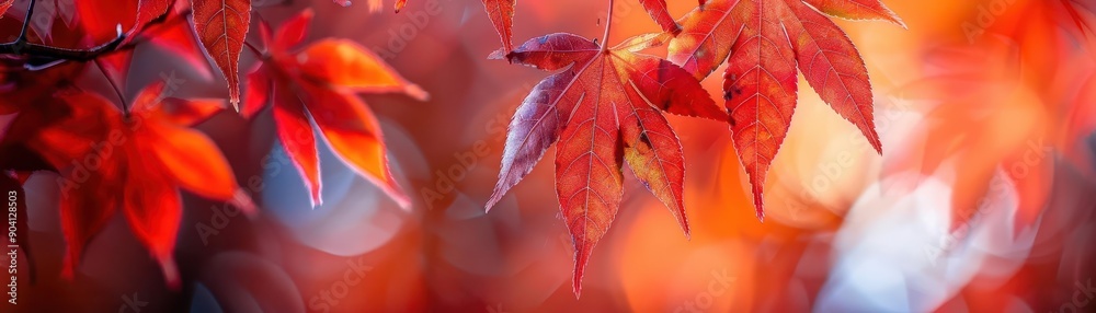 Closeup on bright red maple leaves, botanical background close up, crisp fall, vibrant, blend mode, nature reserve, copy space for text Closeup on bright red maple leaves, botanical background close up, crisp fall, vibrant, blend mode, nature reserve, copy space for text