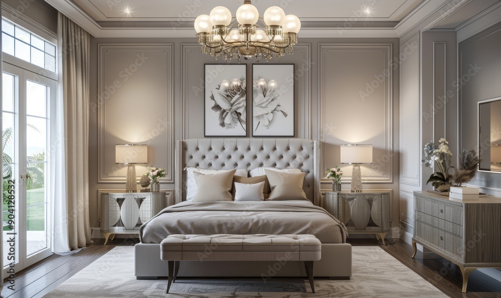 Fototapeta premium Serene master bedroom with calming colors and elegant furnishings