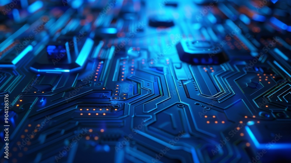 Close-up image of a blue circuit board with glowing components, capturing the essence of modern technology. Close-up image of a blue circuit board with glowing components, capturing the essence of modern technology.