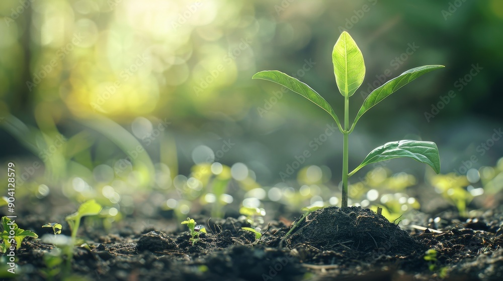 A single green sprout emerges from rich soil, bathed in warm sunlight. New life and growth in nature. A single green sprout emerges from rich soil, bathed in warm sunlight. New life and growth in nature.