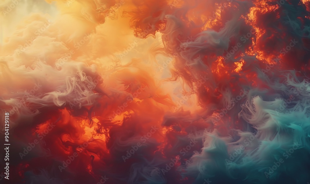 Fototapeta premium Smoke from a distant fire transforms into swirling cloud-like shapes, tinged with orange and red