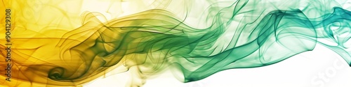  Abstract Green and Yellow Smoke Swirls Isolated on White Background with Soft Clouds. Ethereal Vapor Design for Creative Advertising and Marketing Concepts. Dynamic Contrast of Vibrant Colors and Amp