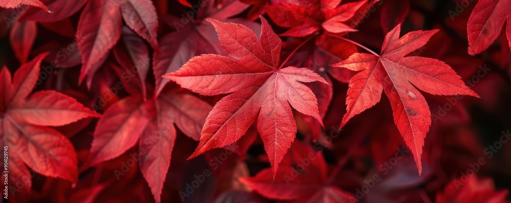Detailed view of red maple leaves, botanical background close up, autumn colors, vibrant, fusion, backyard, copy space for text