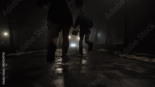 Bottom view of a leg, late at night a woman with a handbag in her hand walks through the city park