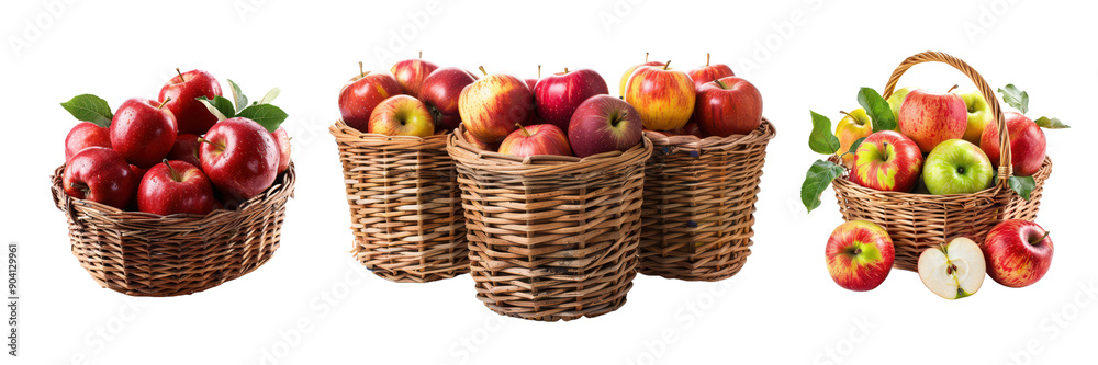 Assorted Baskets Filled with Fresh Red and Green Apples for Harvest Season. Assorted Baskets Filled with Fresh Red and Green Apples for Harvest Season.
