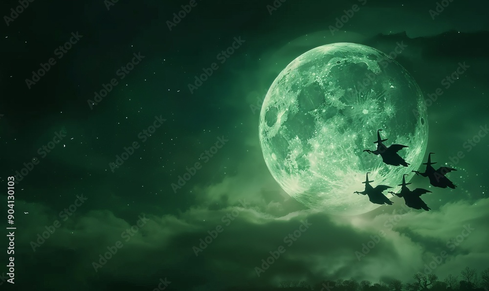 Spooky Halloween night with witches flying over a full moon, 31st October Spooky Halloween night with witches flying over a full moon, 31st October