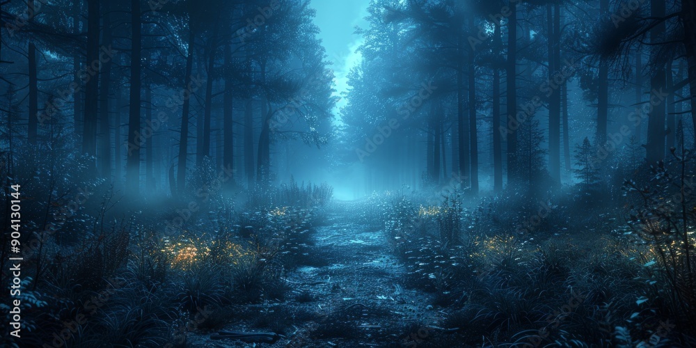 Obraz premium Spooky haunted forest for National Haunted Forest Day, October 24th, eerie ambiance, night setting, Halloween spirit