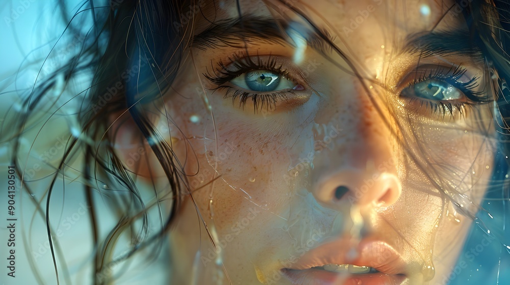 Captivating Close-Up Portrait of Enigmatic Female Face with Glowing Skin and Ethereal Atmosphere Captivating Close-Up Portrait of Enigmatic Female Face with Glowing Skin and Ethereal Atmosphere