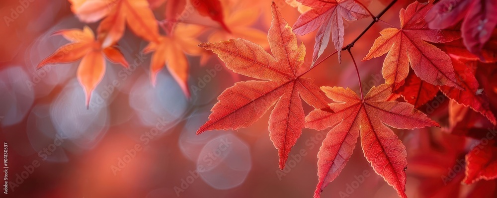Macro shot of red maple leaves, botanical background close up, natures beauty, vibrant, composite, park, copy space for text Macro shot of red maple leaves, botanical background close up, natures beauty, vibrant, composite, park, copy space for text