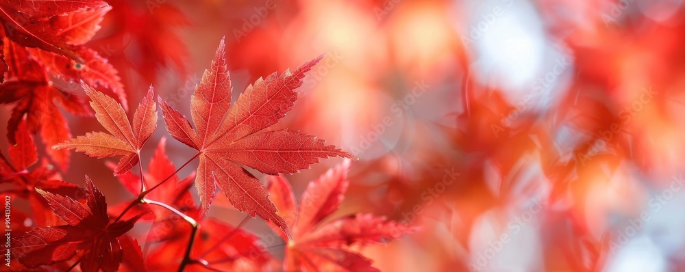 Macro shot of red maple leaves, botanical background close up, natures beauty, vibrant, composite, park, copy space for text Macro shot of red maple leaves, botanical background close up, natures beauty, vibrant, composite, park, copy space for text