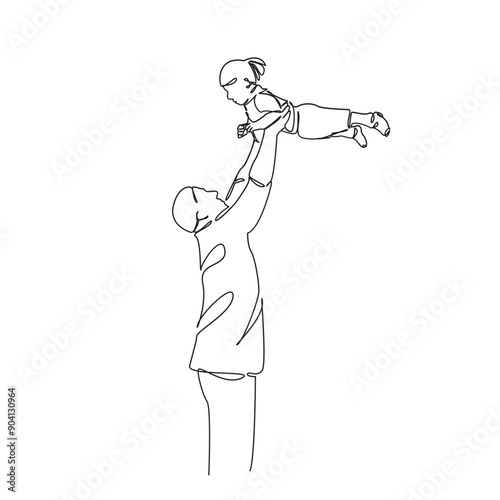 One continuous single drawing line art flat doodle kid, parent, child, family, love, fun, dad, throw, playing, happiness. Isolated image hand draw contour on a white background
