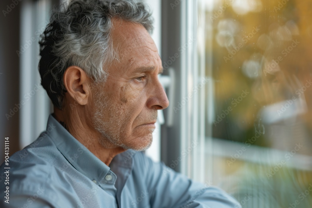 Contemplative Senior Man Gazing Out Window with a Sense of Loneliness and Mental Health Struggles Contemplative Senior Man Gazing Out Window with a Sense of Loneliness and Mental Health Struggles