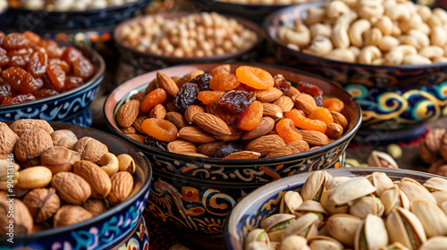 Assorted nuts and dried fruits in decorative bowls