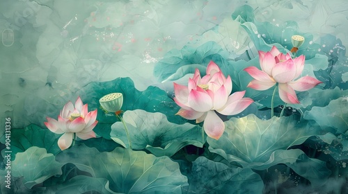 Tranquil Lotus Flowers Floating on Serene Pond in Idyllic Natural Scenery © pkproject