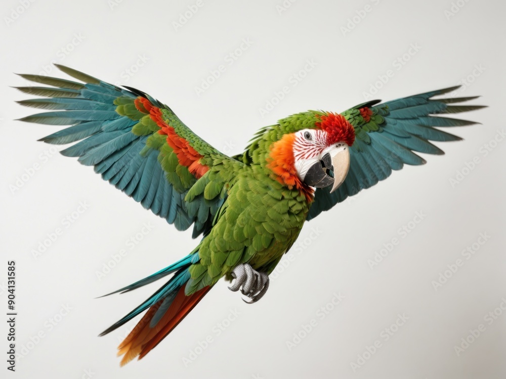 Fototapeta premium Green winged Macaw Ara chloroplasts flying isolated on white