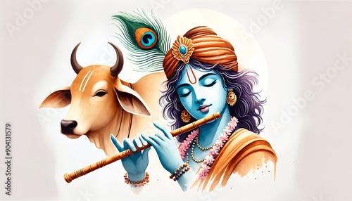 Illustration of lord krishna playing flute.