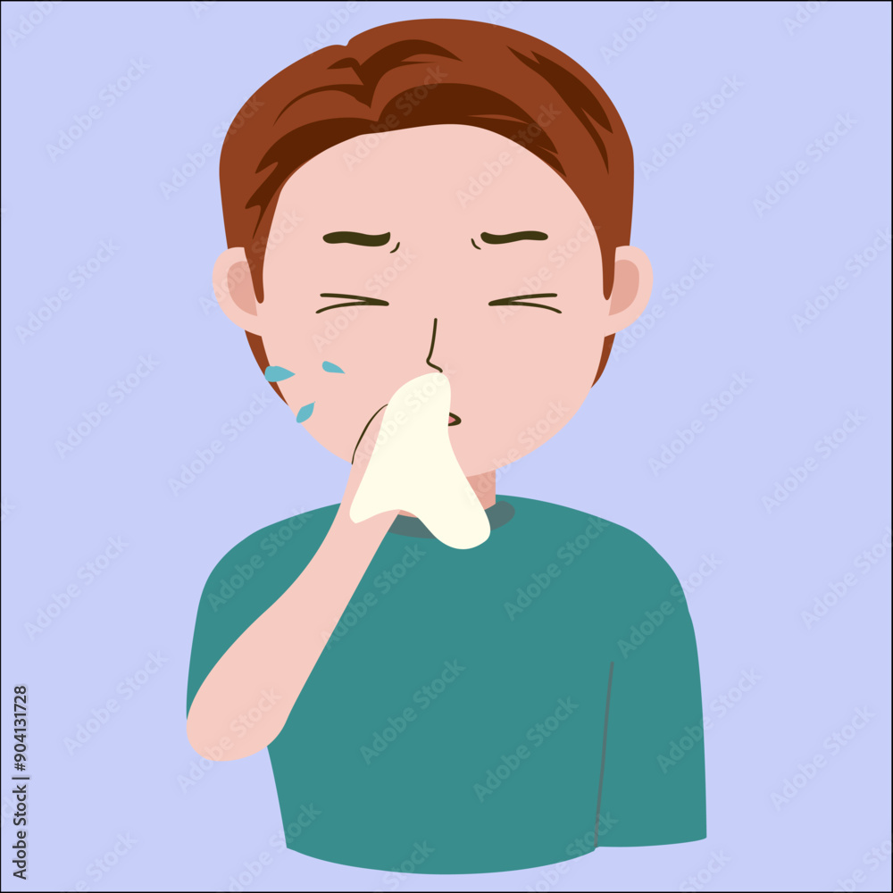Illustration vector graphic of Young man sneezing, got flu, influenza , boy blowing his nose, good for showing sick symptoms Illustration vector graphic of Young man sneezing, got flu, influenza , boy blowing his nose, good for showing sick symptoms