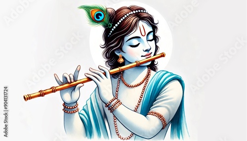 Watercolor illustration of lord krishna playing flute for janmashtami.