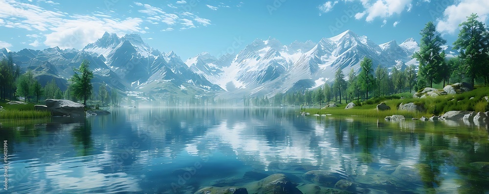 Naklejka premium Serene Mountain Lake Landscape - Digital Illustration