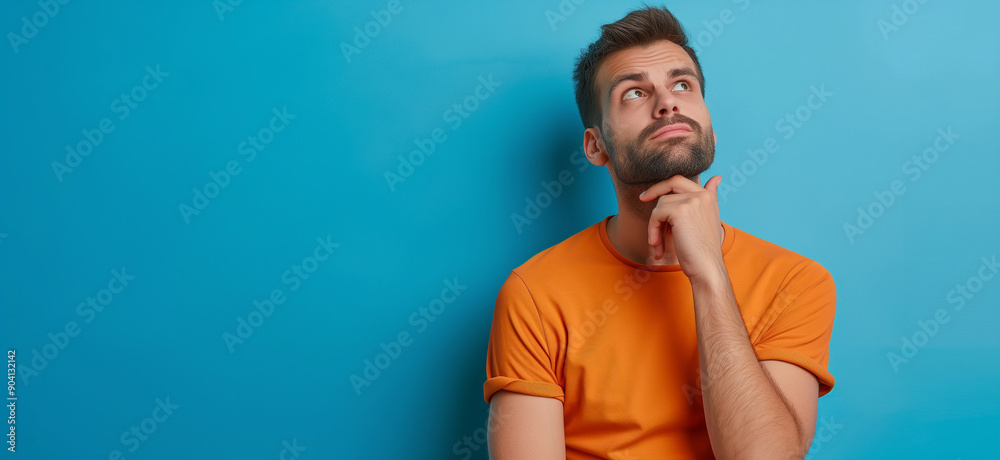 Portrait of a perplexed African American man in an orange top against a blue background, with space for text Portrait of a perplexed African American man in an orange top against a blue background, with space for text