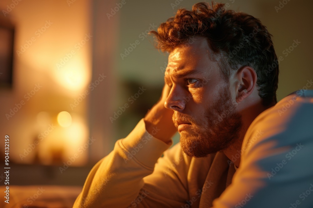 Portrait of a Worried Man Sitting in a Dim Room, Expressing Mental Health Struggles and Stress Portrait of a Worried Man Sitting in a Dim Room, Expressing Mental Health Struggles and Stress