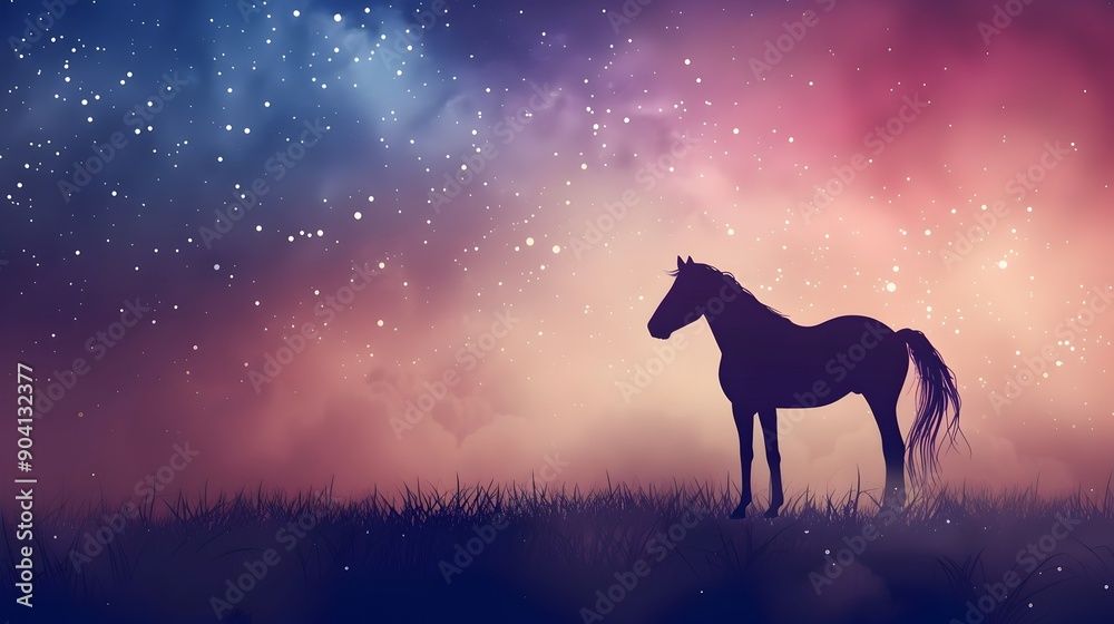 Majestic Horse Silhouette Under Starry Night Sky in Serene Countryside Landscape Majestic Horse Silhouette Under Starry Night Sky in Serene Countryside Landscape